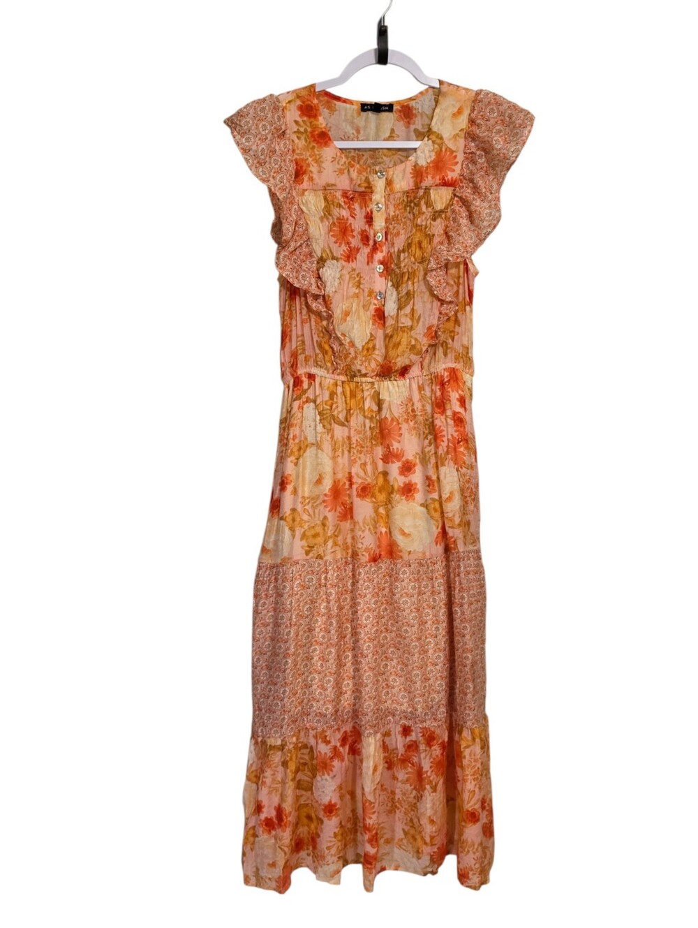 As U Wish Orange Tiered Floral Chiffon Flutter Sleeve Maxi Dress M Boho Country